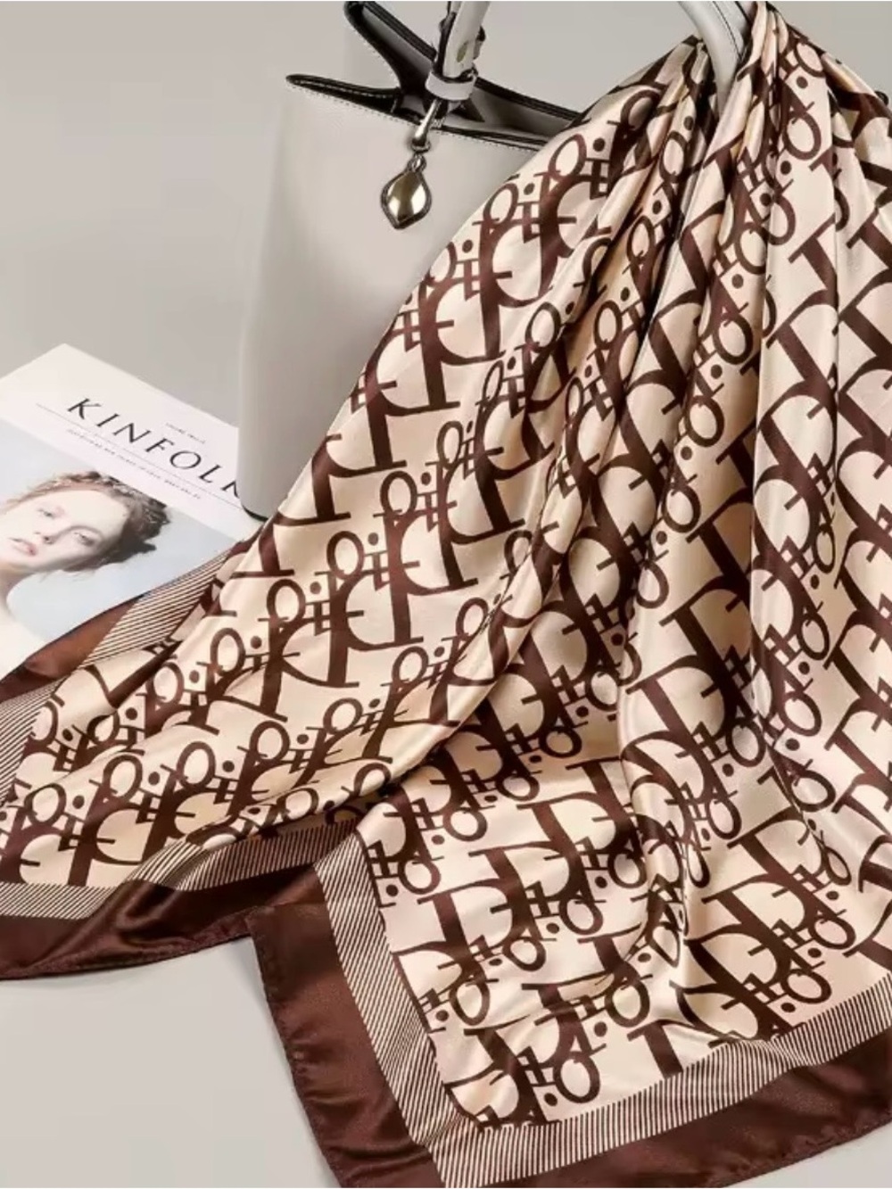Designer-Inspired Brown & Cream Monogram Satin Scarf